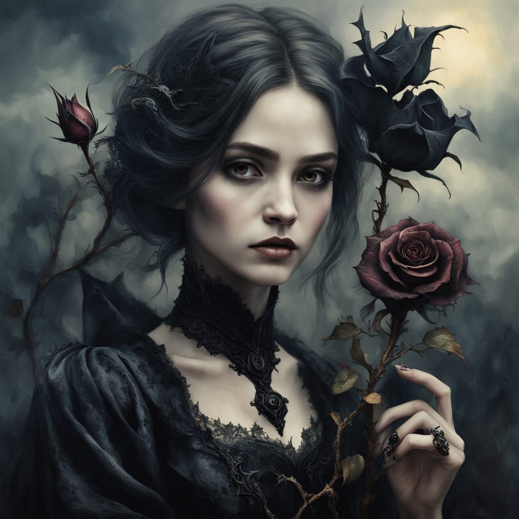 Elegant Dark Fantasy Portrait of a Mysterious Woman with a B...
