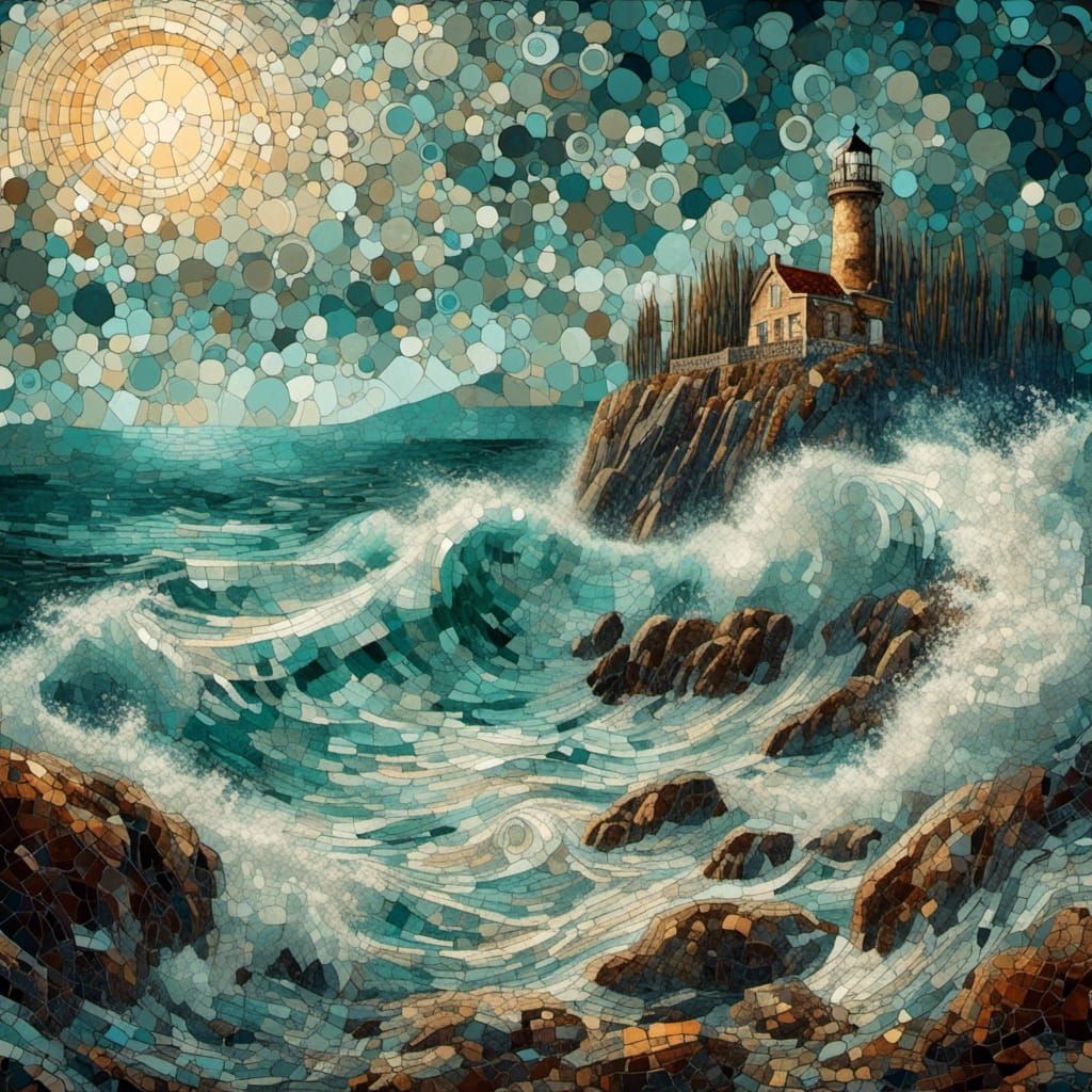 Mosaic Seascape with Crashing Waves