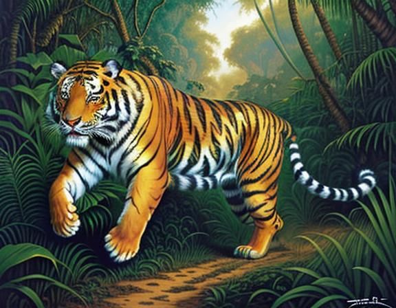 Bengal Tiger Hunt in Hyperdetailed Airbrush Style
