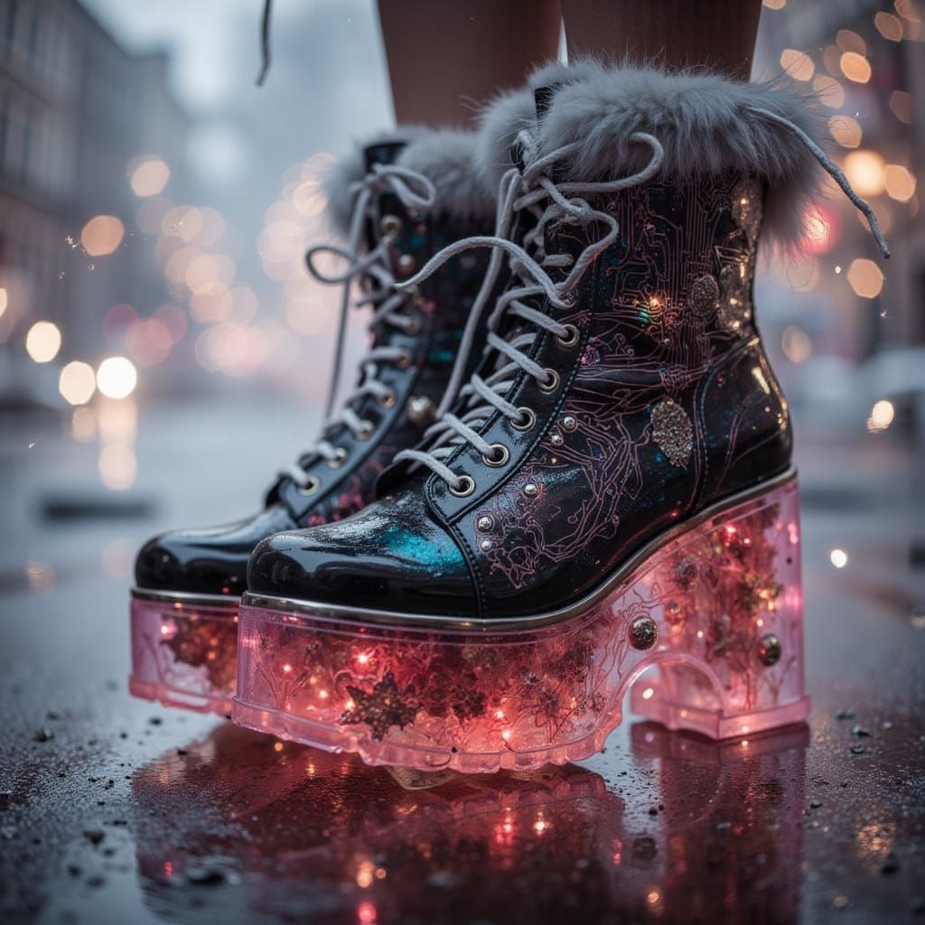 <lora:Mythoria:1.0> 80s/90s retro‑futuristic Christmas: Holiday Edition Shoes