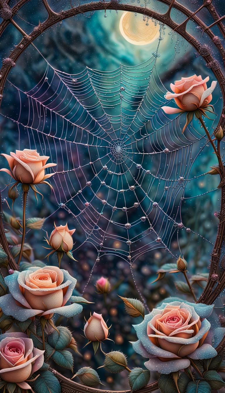 Cosmic Spiderweb and Roses in Mixed Media Style