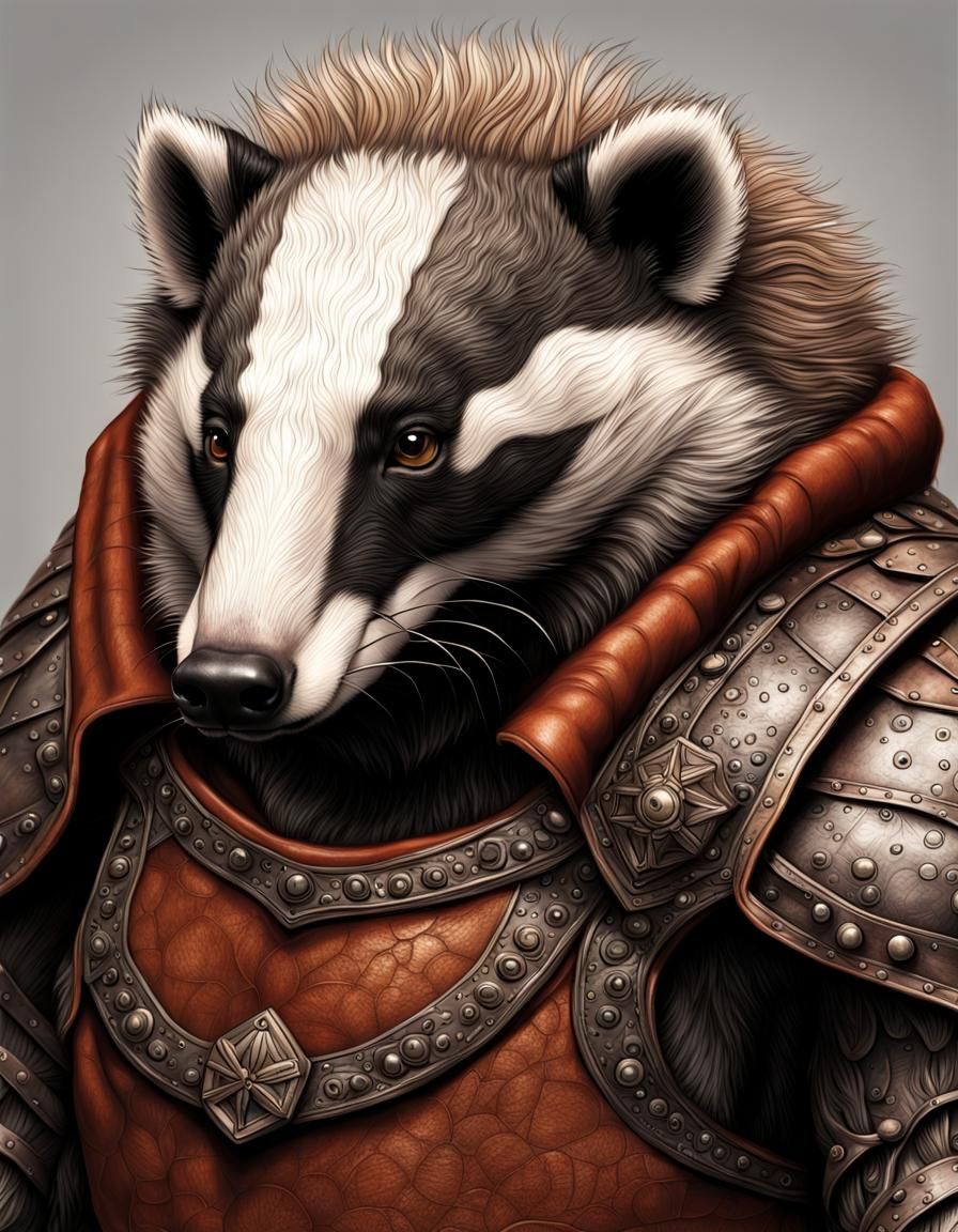 Large badger wearing leather armor warm colors hyperdetailed photorealistic