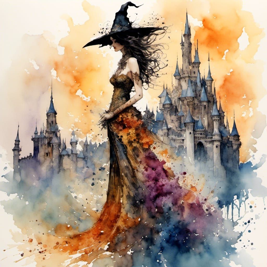 Sorceress Silhouette at Sunset in Watercolor Style