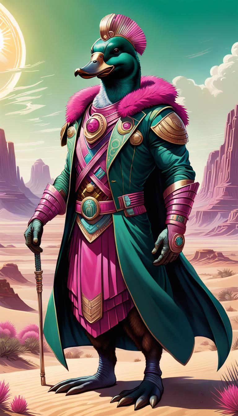 Art Deco Sci-Fi Platypus Warrior in the Desert