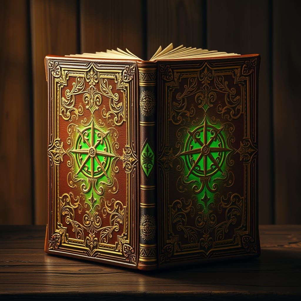 Enchanted Leatherbound Tome with Emerald Glow