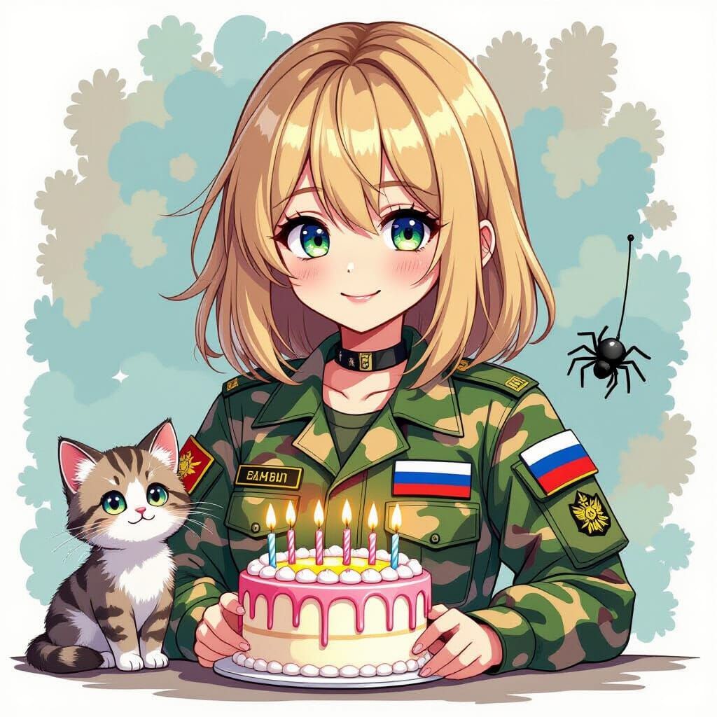 Anime Girl in Camouflage Uniform with Birthday Cake and Pets