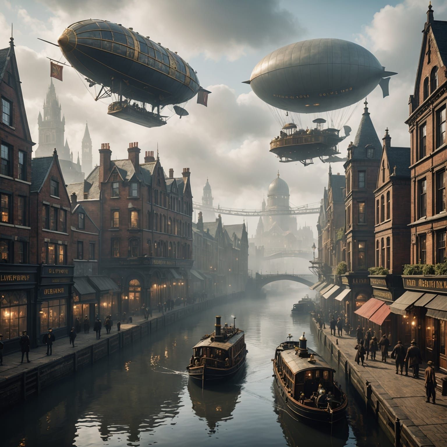 Steampunk Victorian Cityscape with Airship
