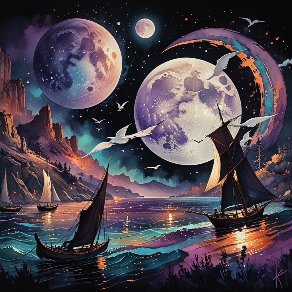 Dreamy Sailboats in Whimsical Watercolor Sunset