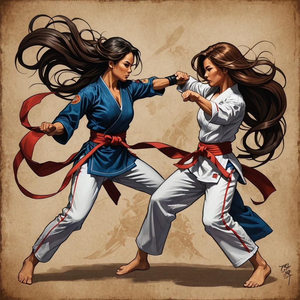 Dynamic Female Martial Artists Sparring in Comic Book Style