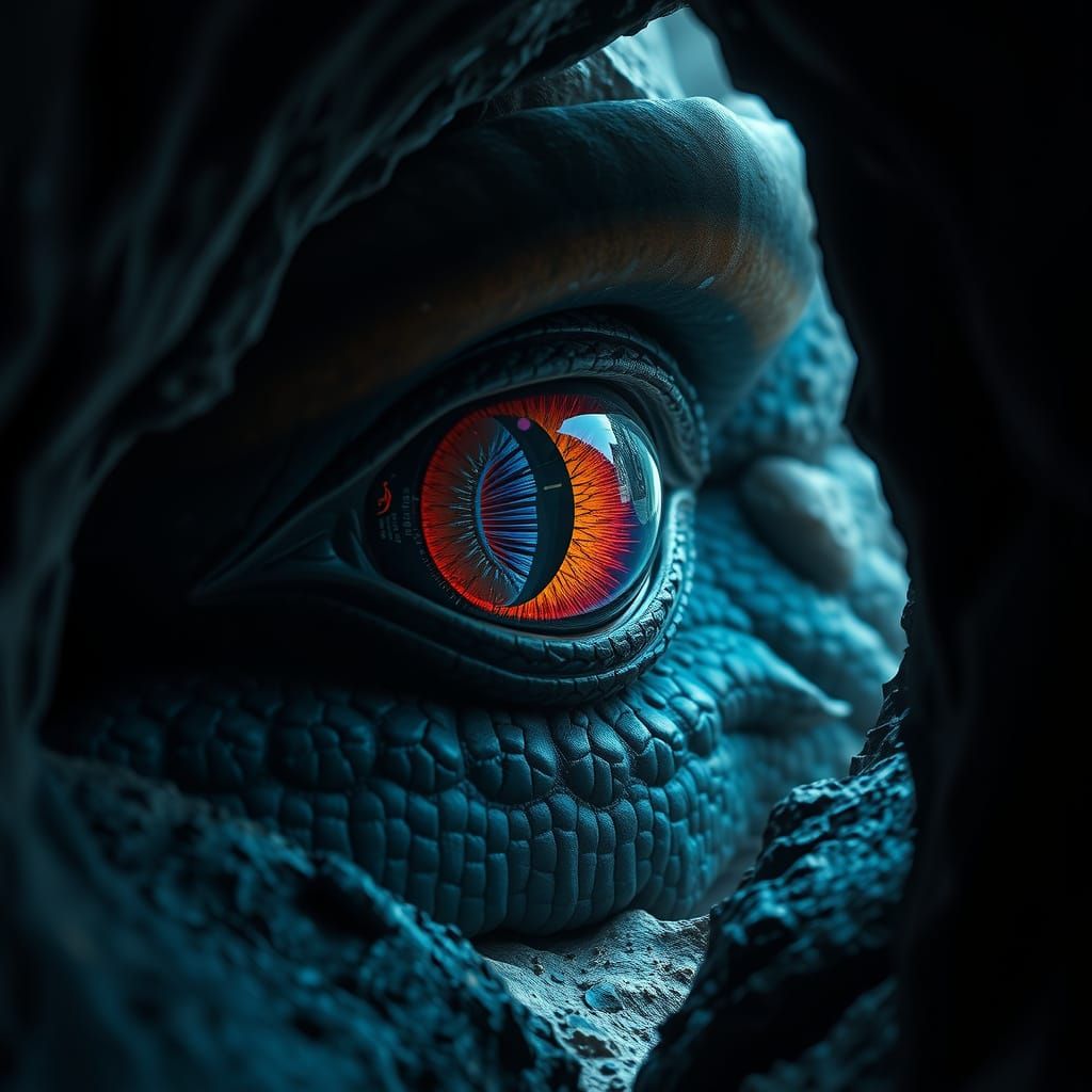 Majestic Dragon Eye Peers Out of Dark Cave in Wide-Angle Sho...