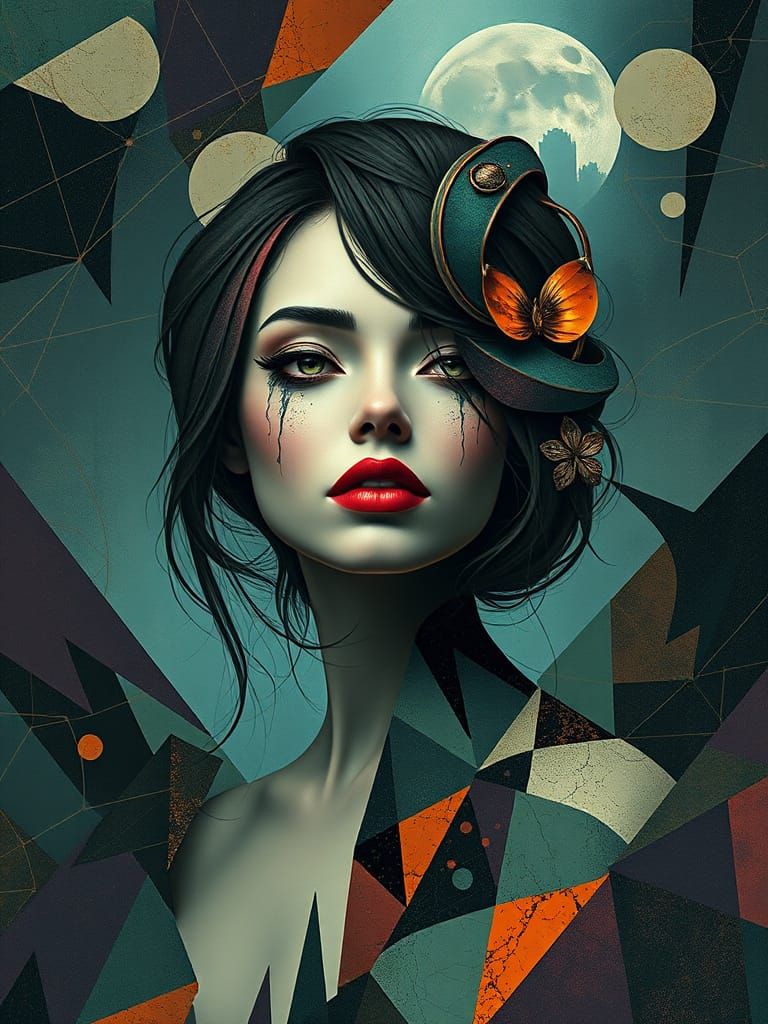 Surreal Modern Collage: Mysterious Woman in Dreamlike Settin...