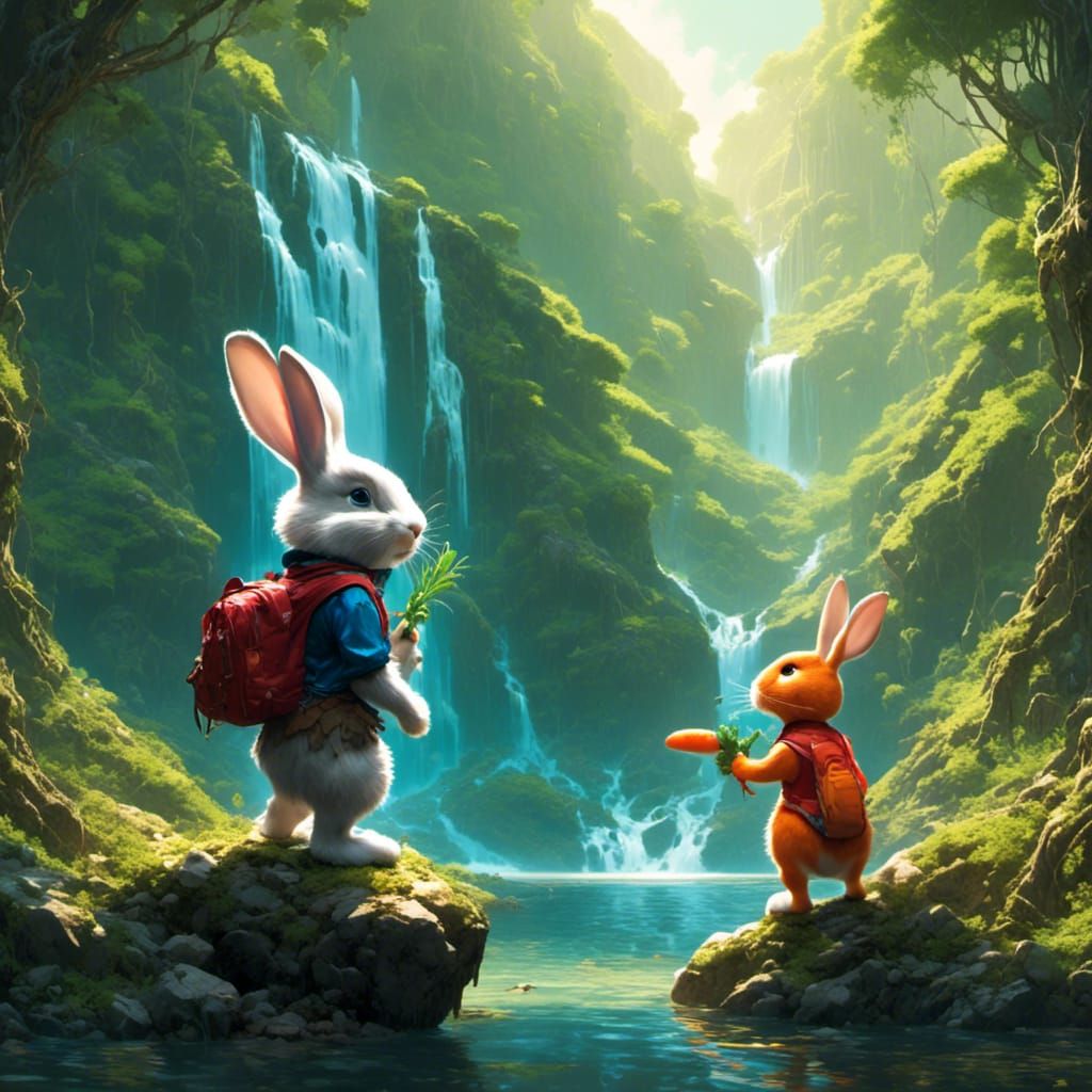 Cartoon Rabbit by Waterfall in Comic Book Style