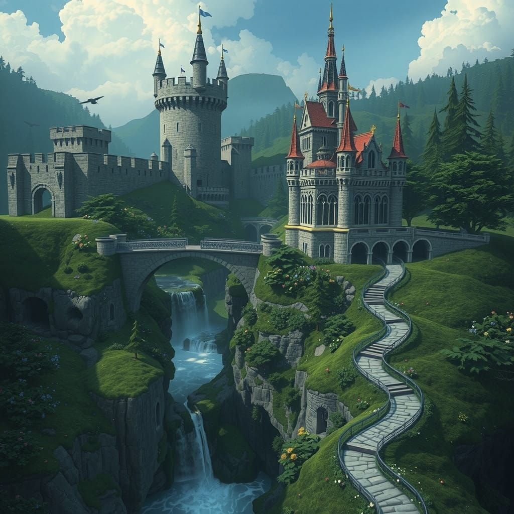 Majestic Waterway, Castle and Fortress Landscape in Detailed...