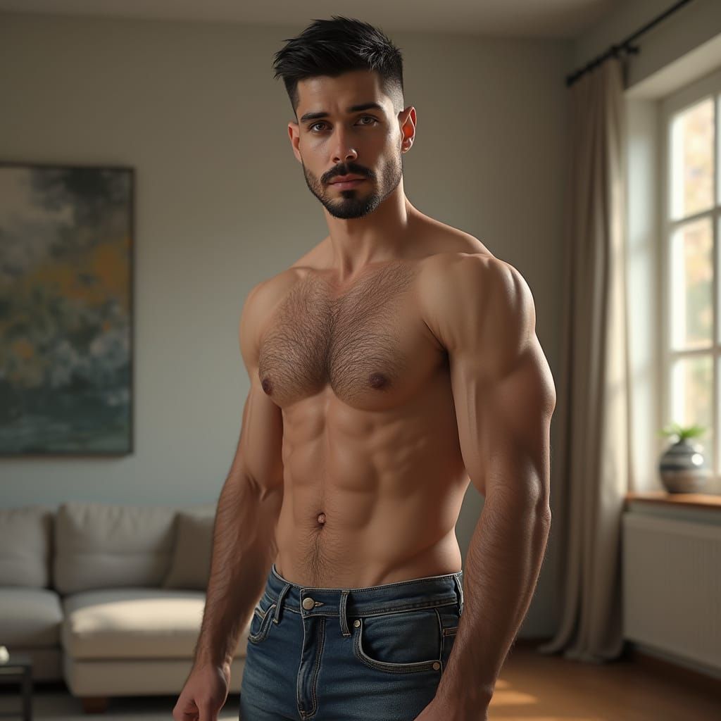 A Handsome Arab Young Man Stands Confidently in a Modern Liv...