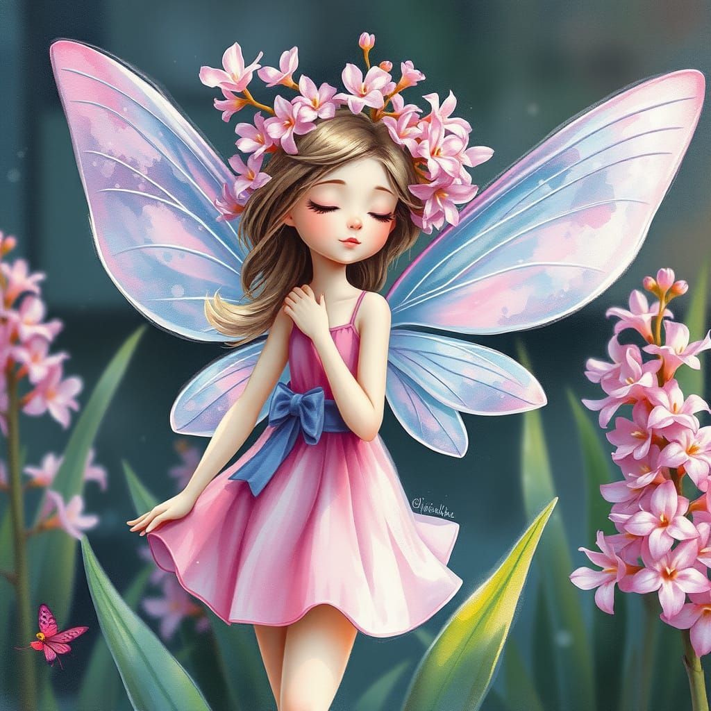 A beautiful watercolor wet-on-wet, Hyacinth fairy engaging w...