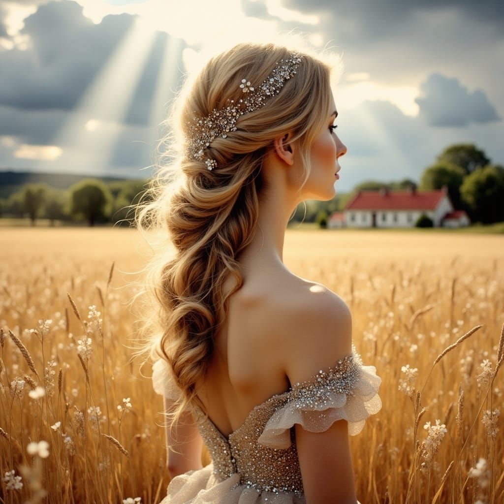 Romantic Woman in Wheat Field with Divine Light