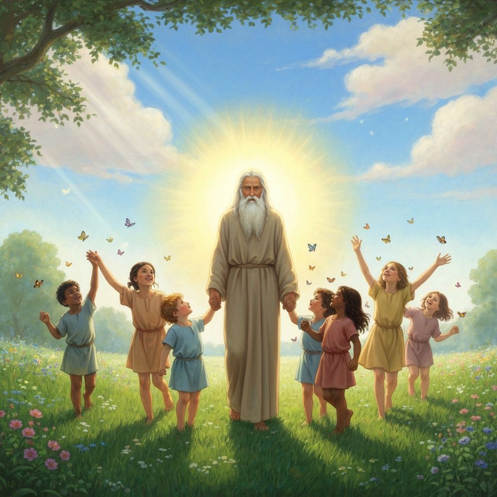 Divine Being Guides Children Chasing Butterflies in Meadow