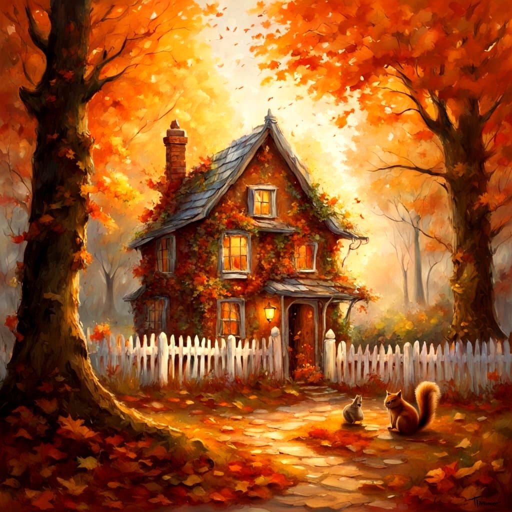 Charming Gingerbread Cottage with Autumn Maple Leaves and Sq...