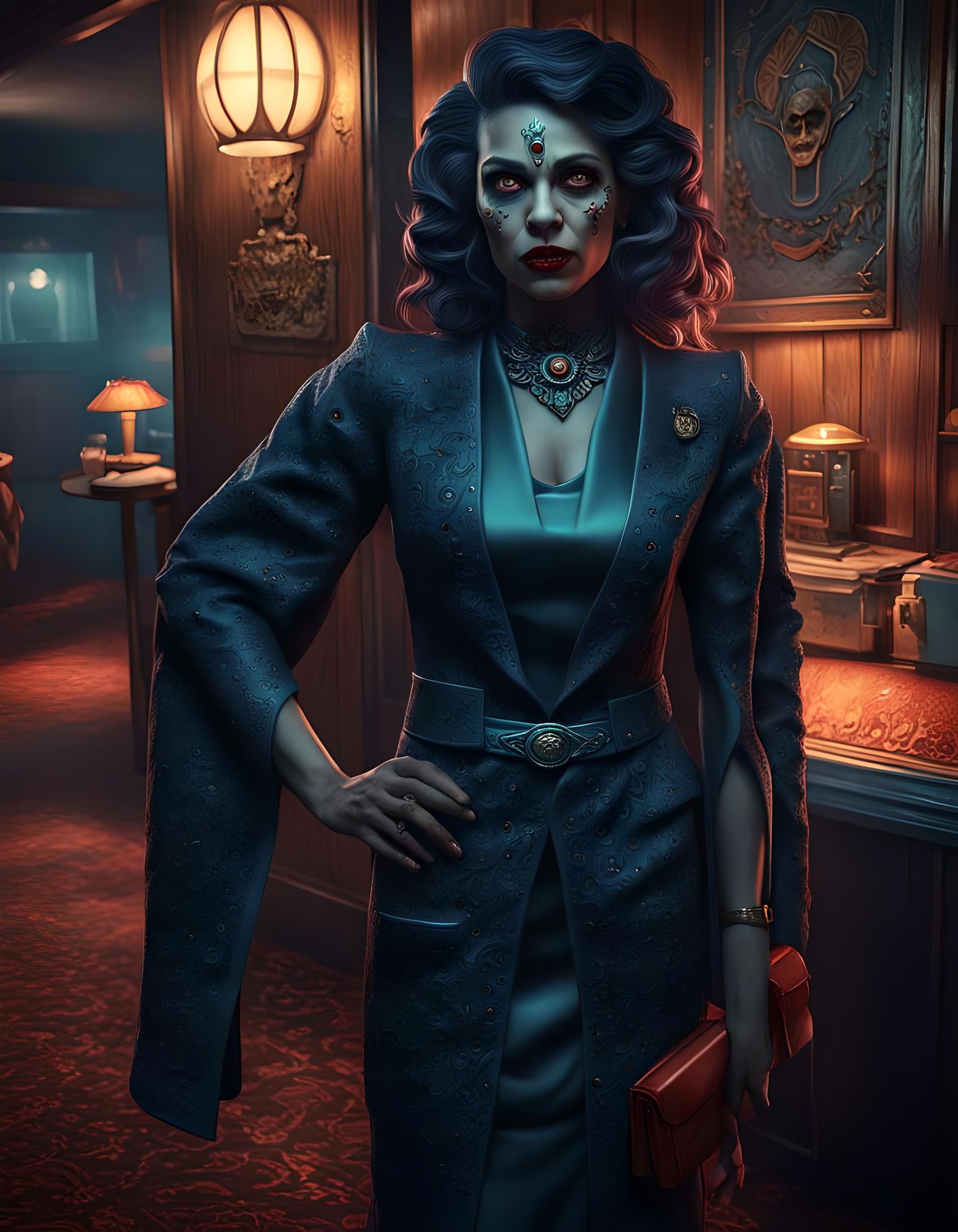 Creepy Dark Goddess Motel Hostess: Hyperrealistic Art