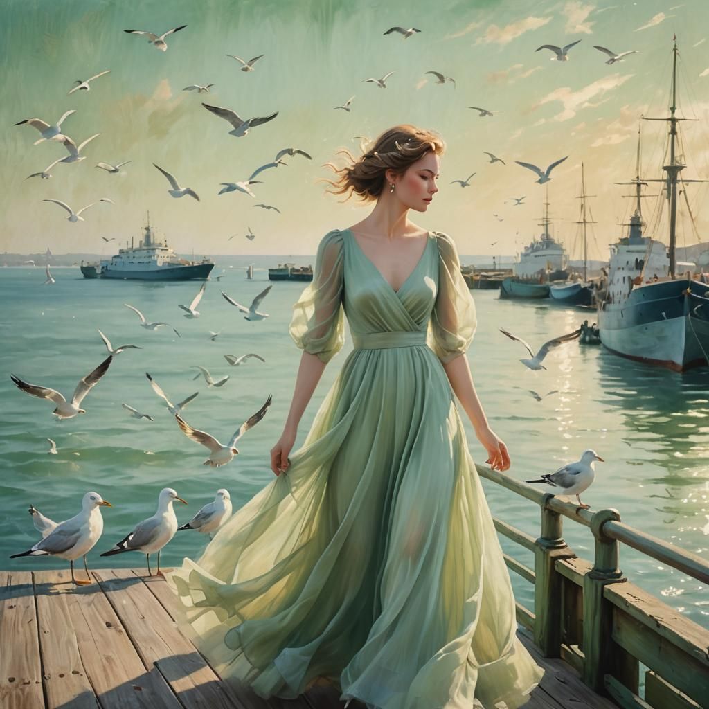 Woman on Pier in Impressionistic Style