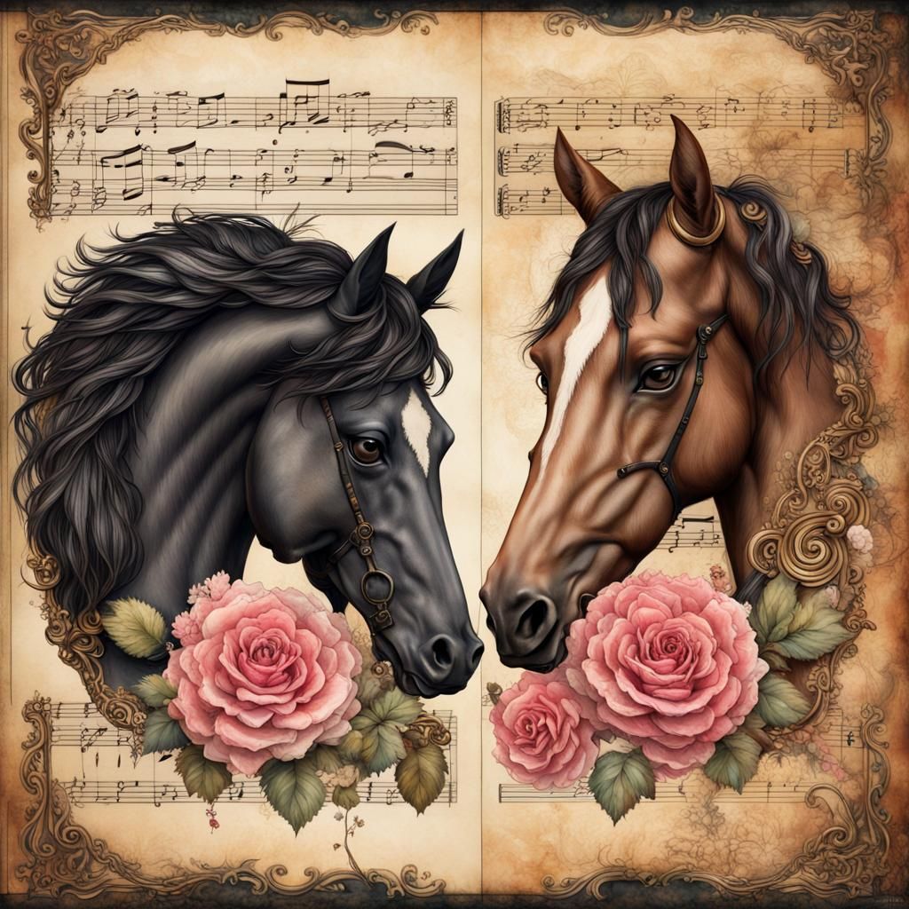 Cosmic Steampunk Horses on Vintage Paper