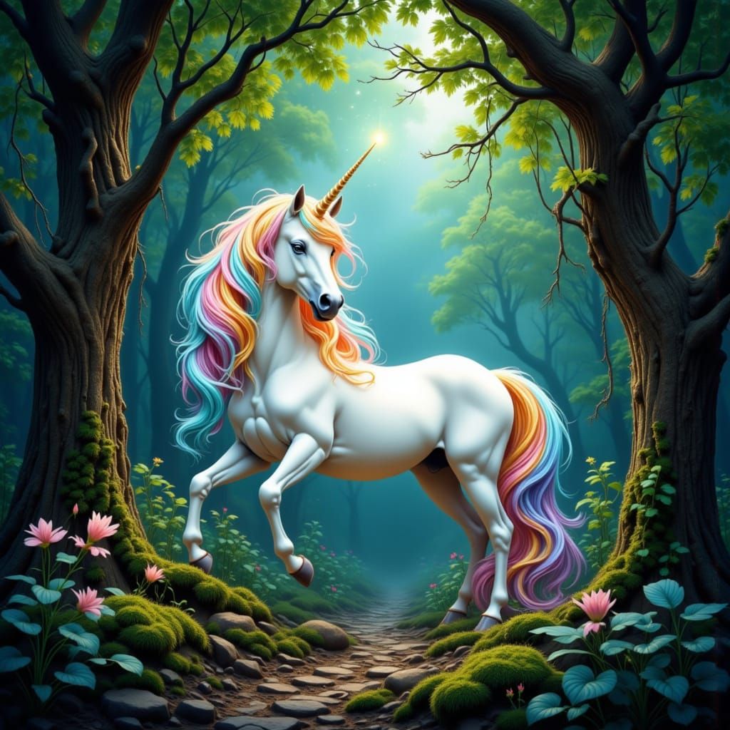 Majestic Unicorn in Sun-Dappled Mystical Forest