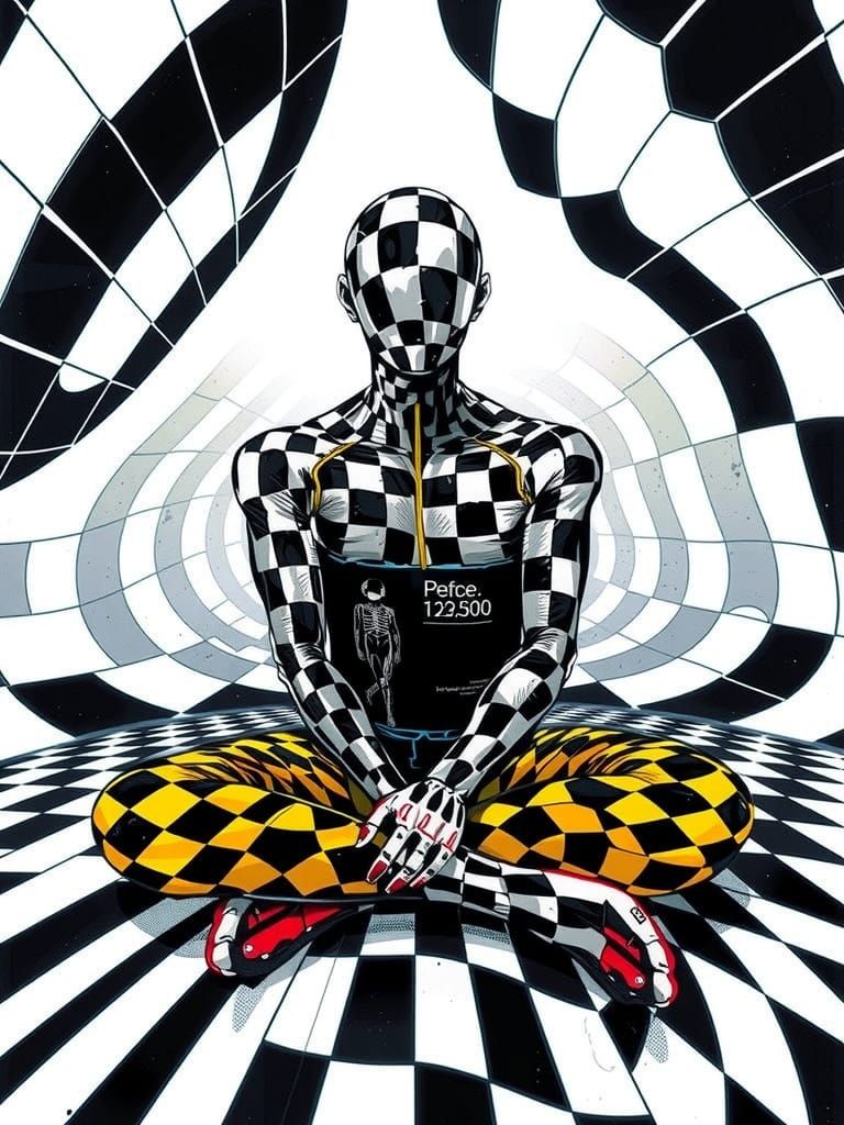 Distorted Op Art Figure in High-Contrast Checkered Jumpsuit