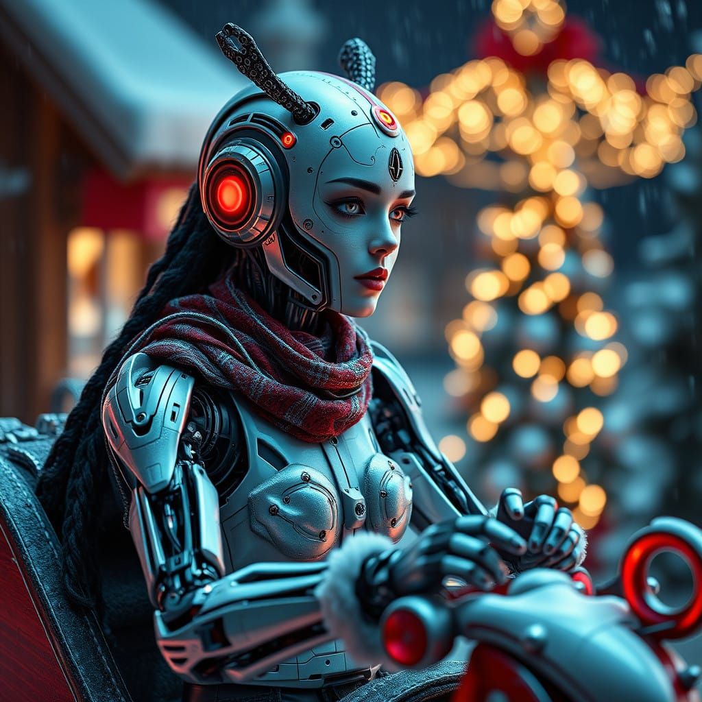 A Cyberpunk Female Cyborg Soars Through a Festive Winter Won...