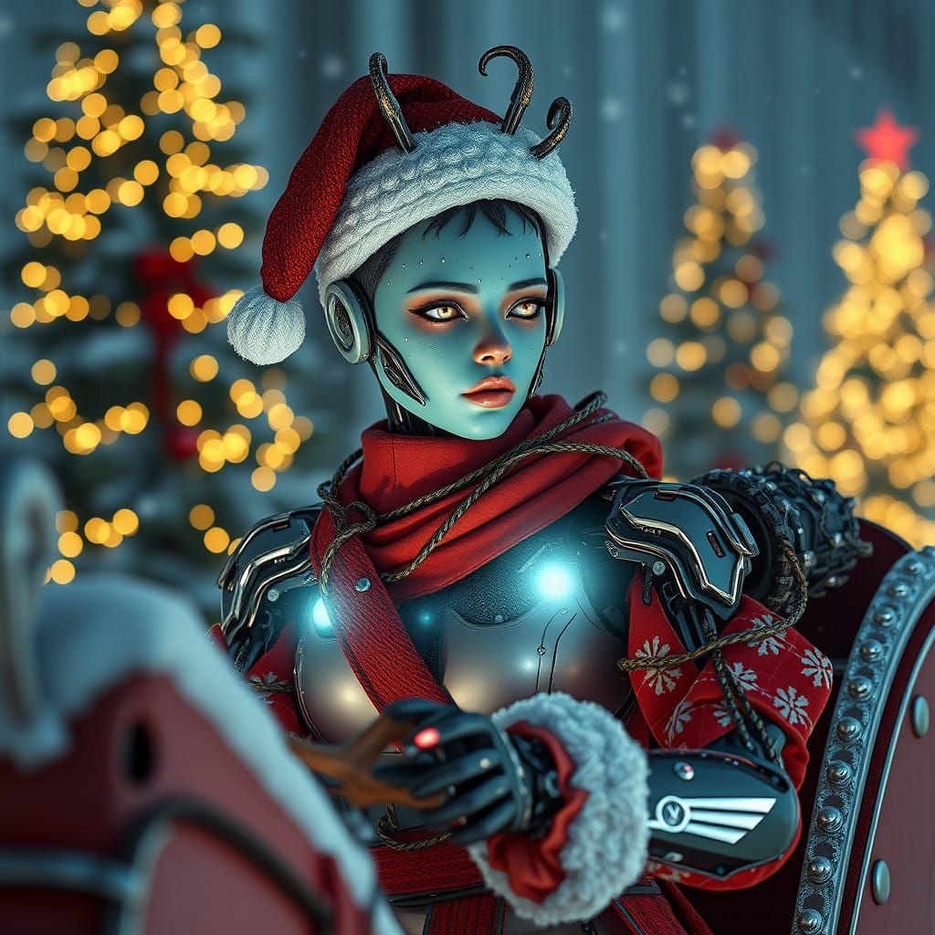 Cyborg Sleigh Rider in Vibrant Christmas Scene