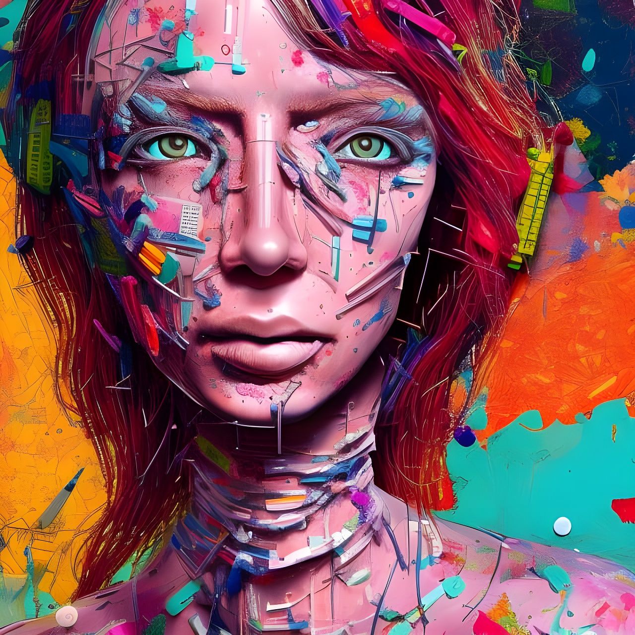 Brightly colored plastic person covered in needles