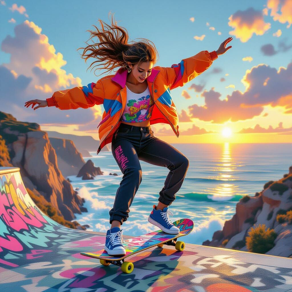 Skateboarder's Sunset Leap: Dynamic Graffiti Skate Art
