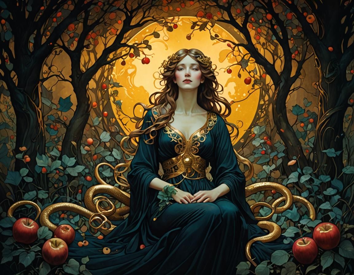 Golden Serpent in Eden: Art Nouveau Ink Art