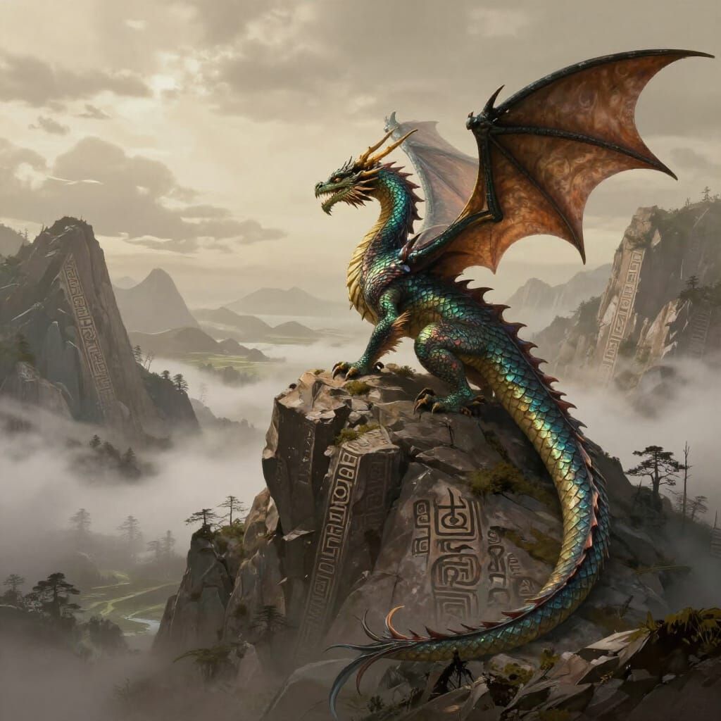 Majestic Dragon Surveys Valley from Misty Mountain Peak
