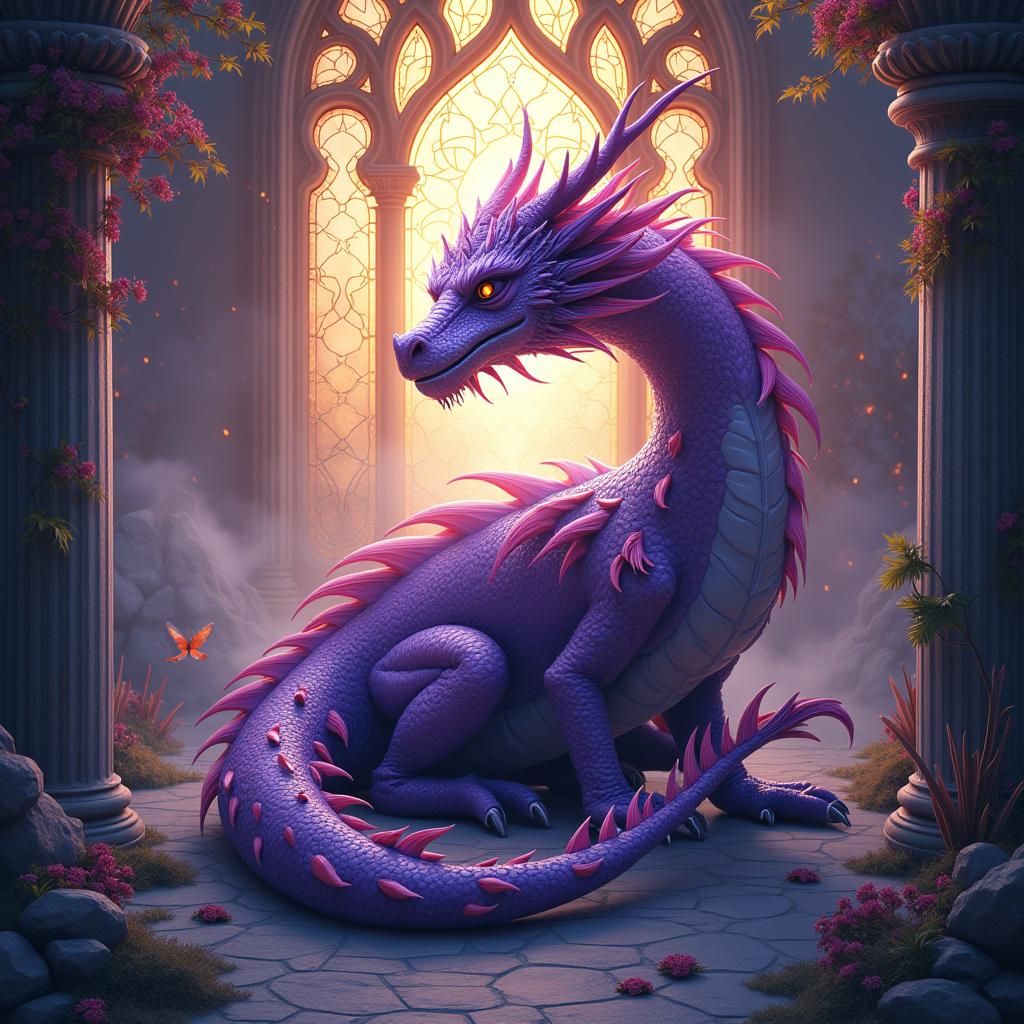Whimsical Purple Dragon in Stained Glass Style