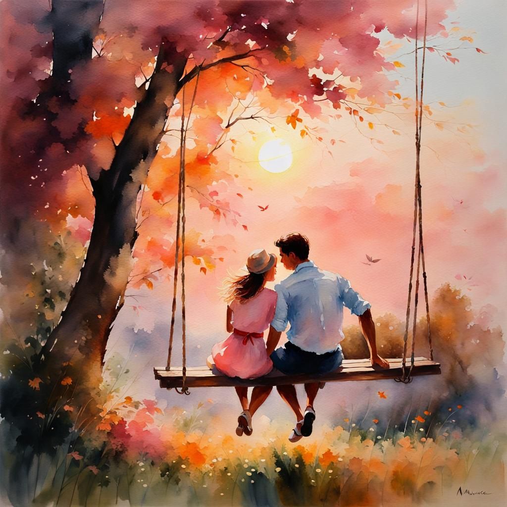Romantic Couple on a Swing, Watercolor Painting