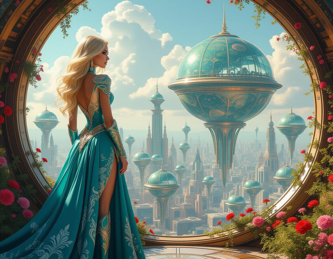 Futuristic Woman in Arcology City, Maximalist Style