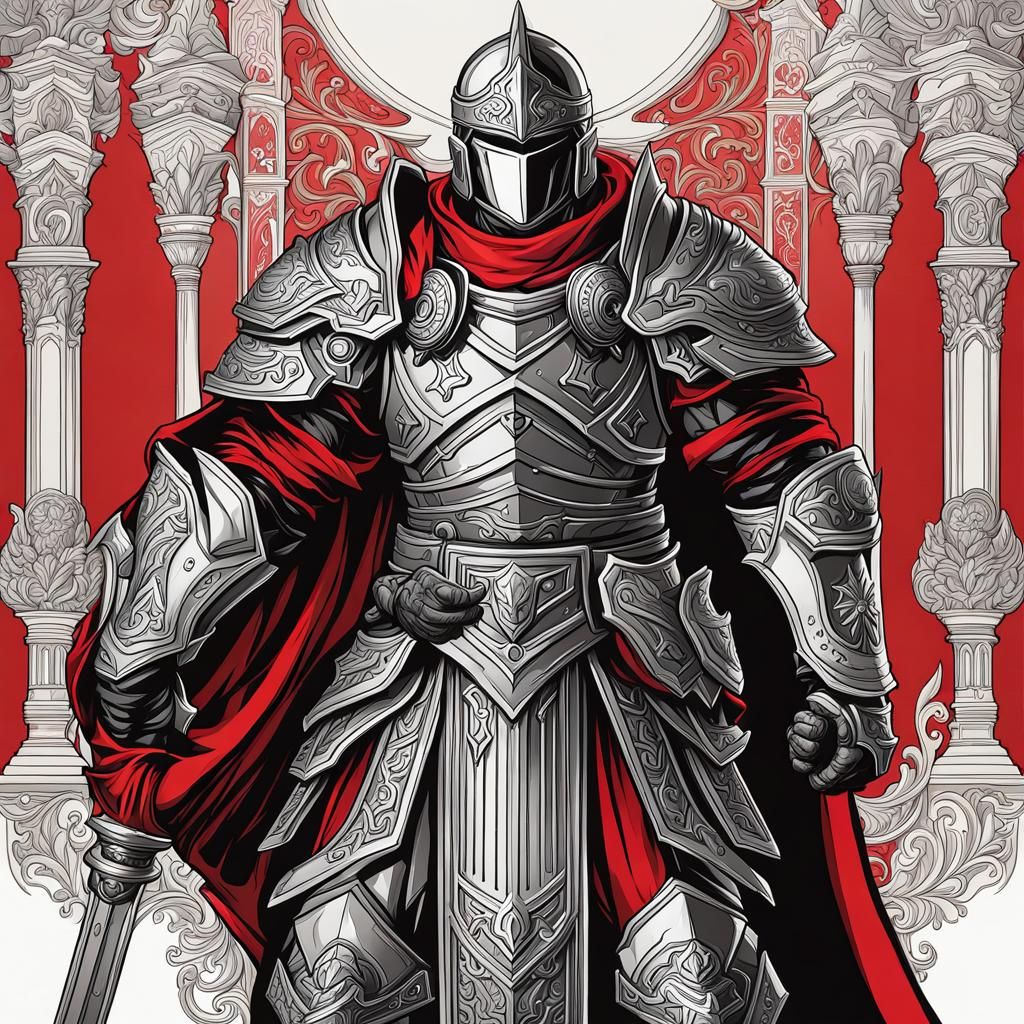 Fantasy Paladin in Red and Black, Cel-Shaded
