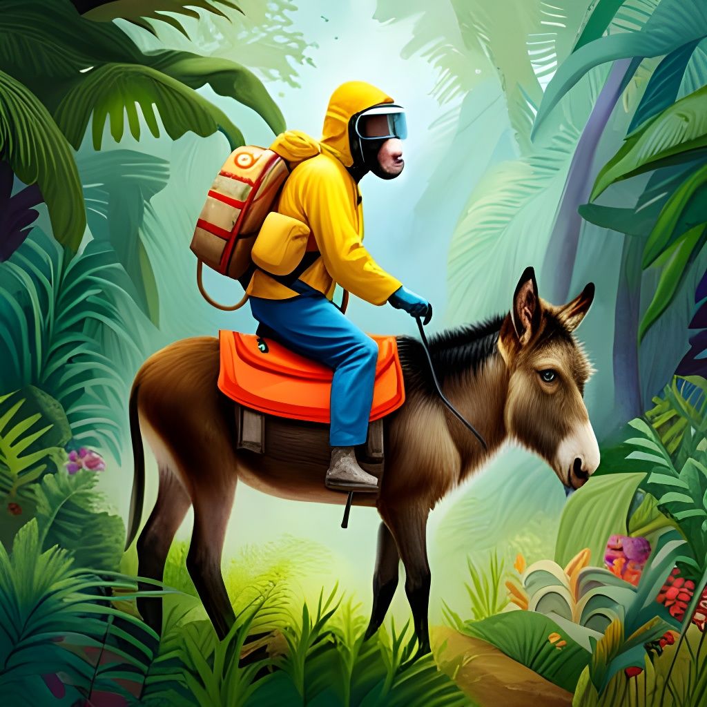 Monkey in a Hazmat Suit riding a Donkey in the Jungle