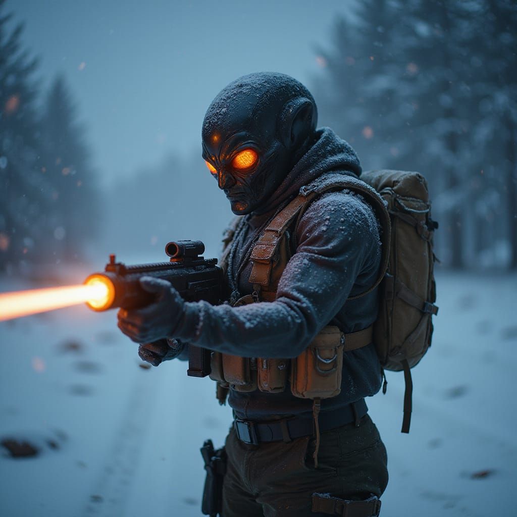 Alien Soldier in Snowstorm with Laser Machinegun
