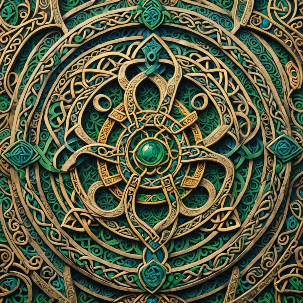 Intricate Celtic Knotwork Art in Emerald and Sapphire