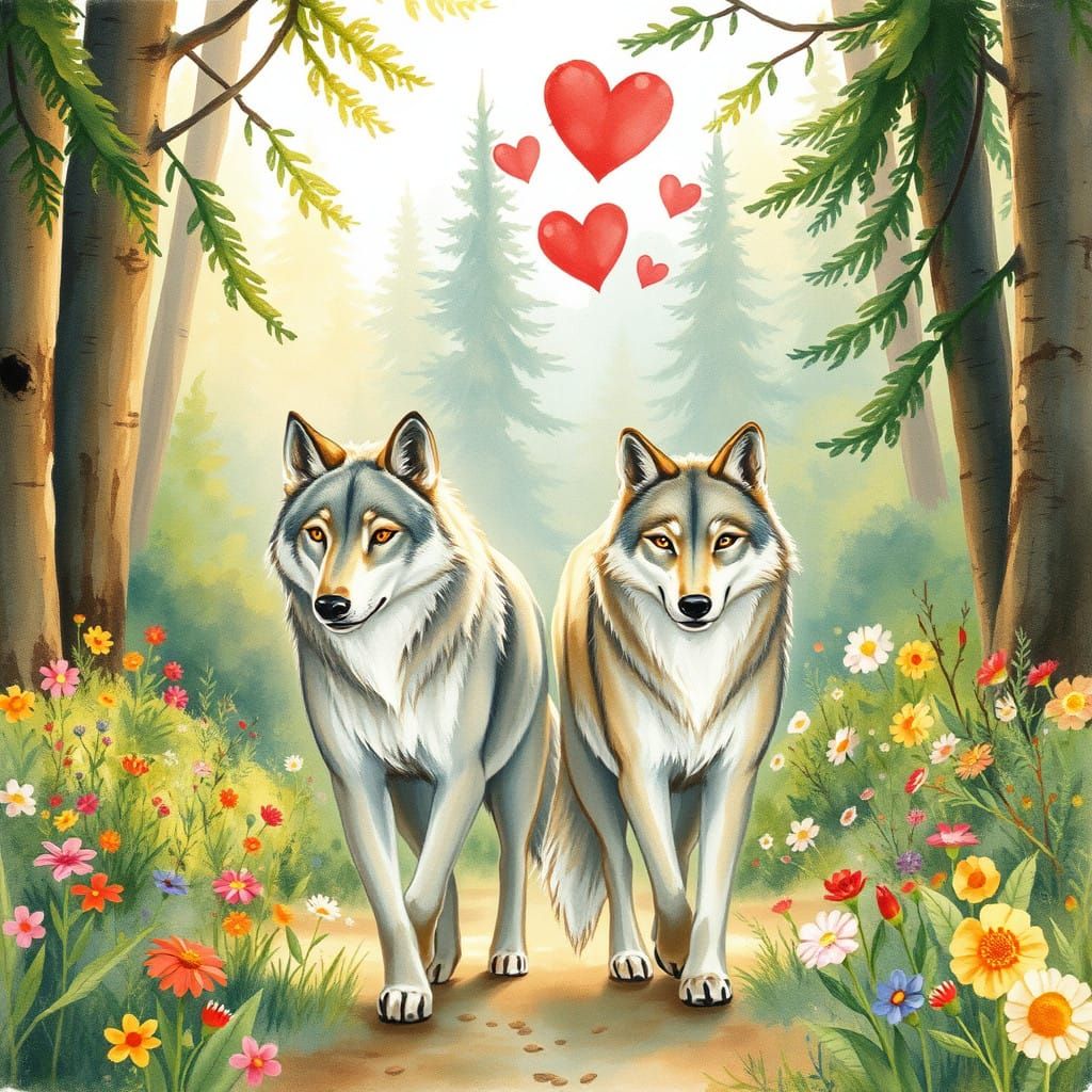 Serene Forest Scene with Two Wolves and Delicate Hearts, in...