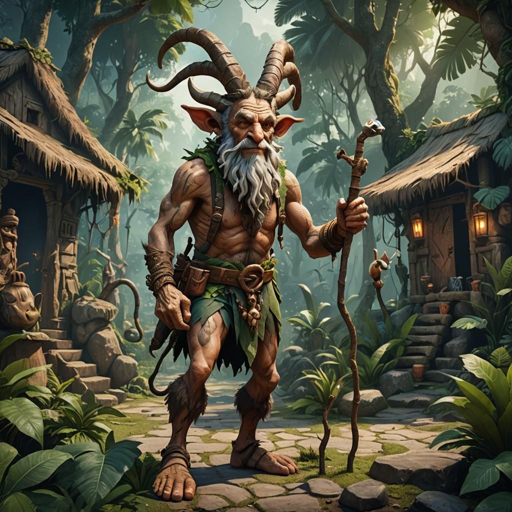 Elderly Satyr Druid in Tropical Village: Cartoon Art