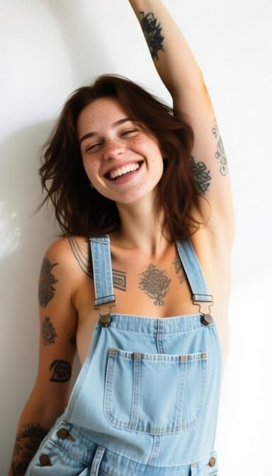 Joyful Woman in Denim Overalls with Tattoos