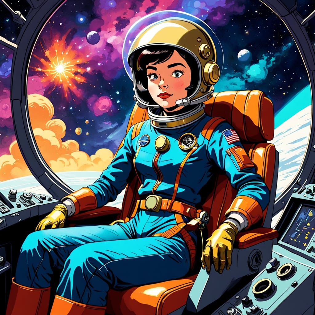 Retro Spaceship Pilot Gazing at Nebula in 1950s Cartoon Styl...