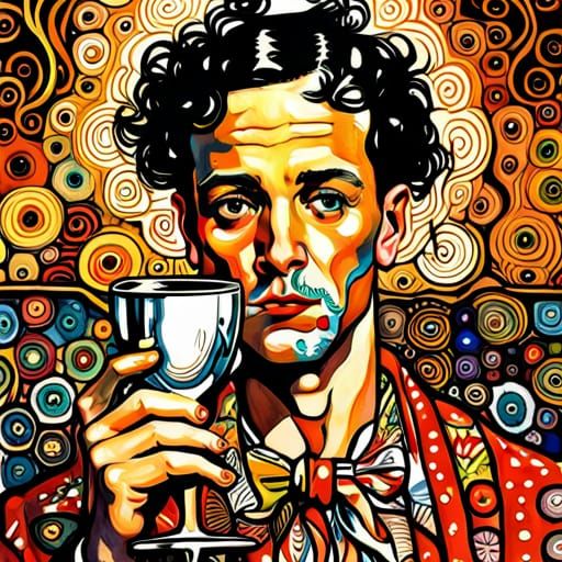 Bohemian Man Drinking: Expressionistic Black and White Drawi...