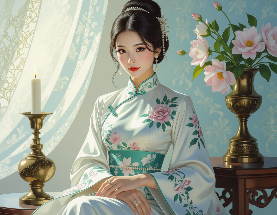 Elegant Still Life in Xiao Feng Style, Oil on Canvas