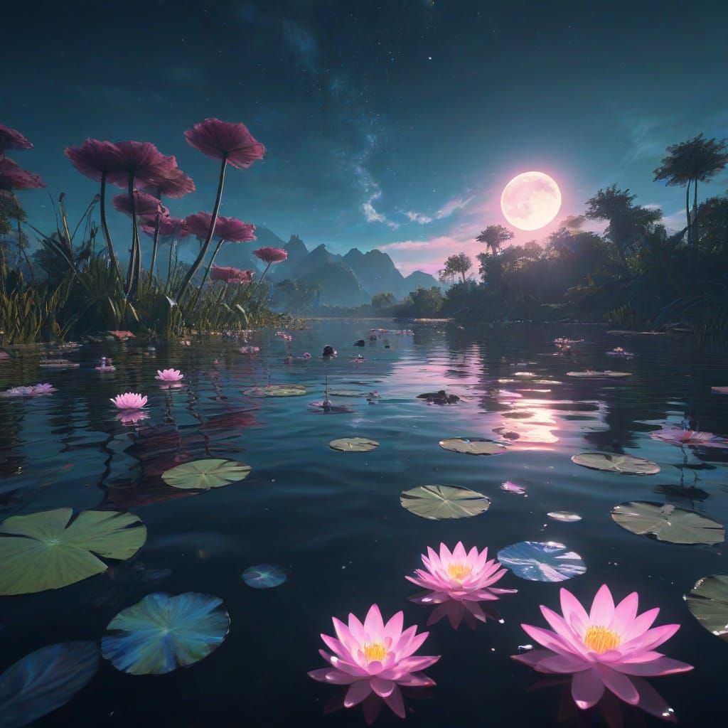 Dreamy Congo Lake Scene Under a Blue Moon
