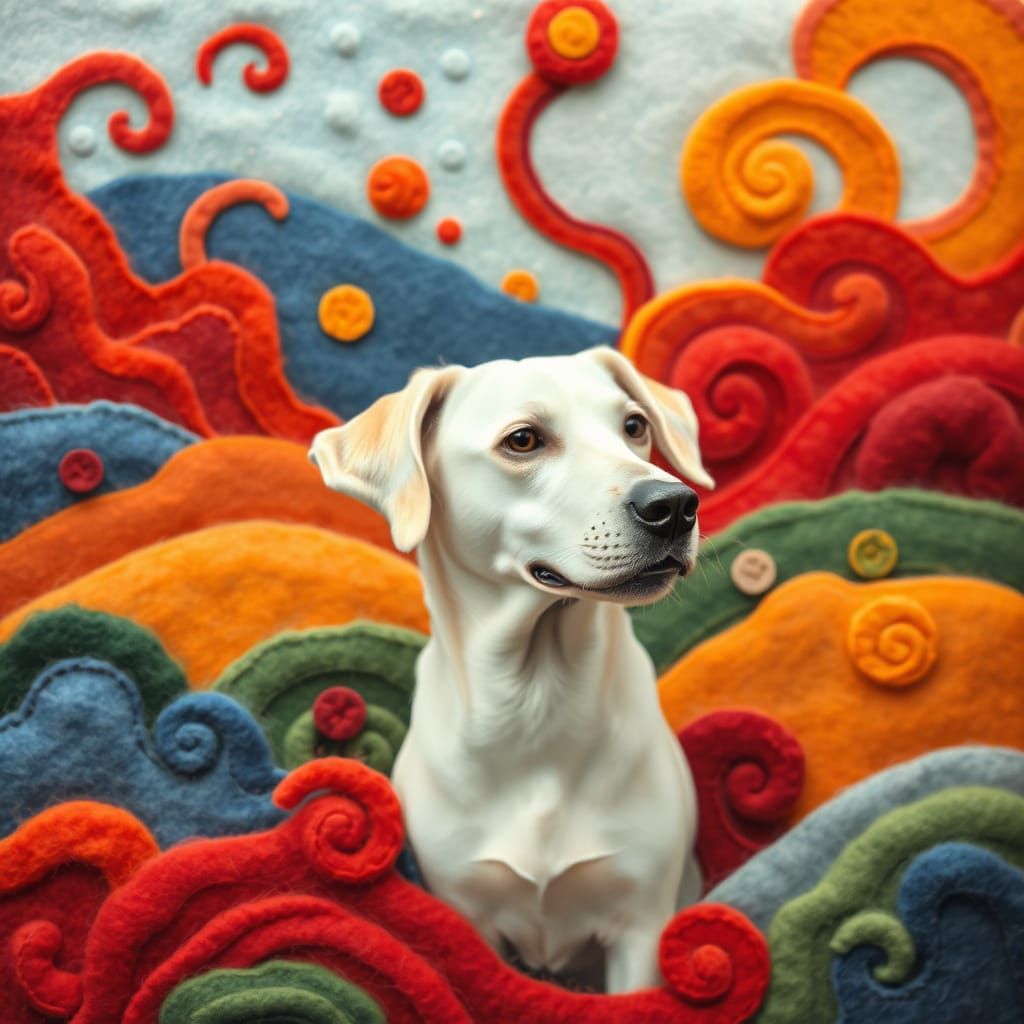 Felted Landscape with White Lab in Modernist Style