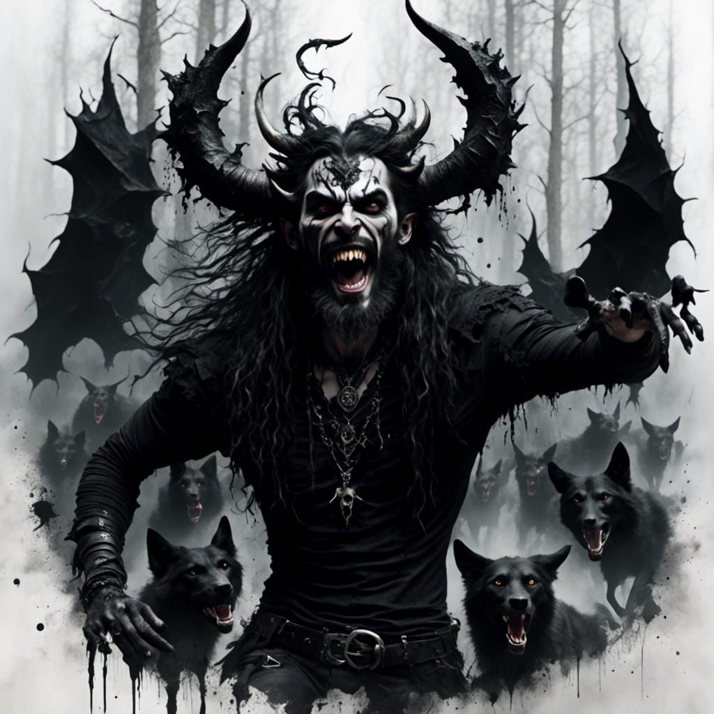 Demonic Figure with Wolves in Gothic Watercolor