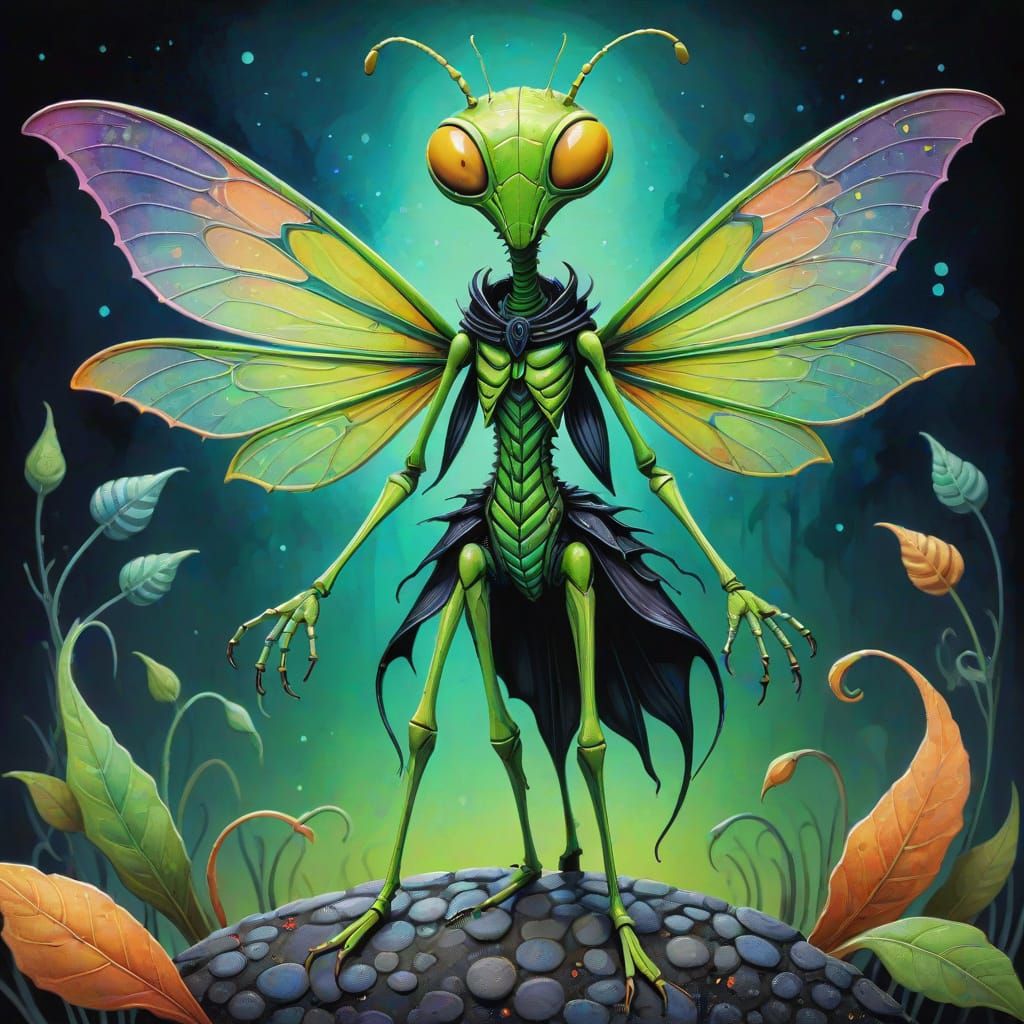 Mantis Alien Fairy in Goth Cartoon Style